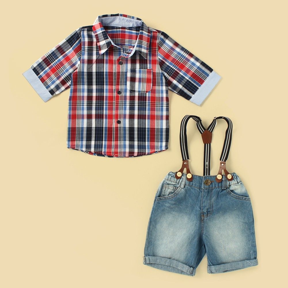 Checked Shirt With Smart Denim Suspender Shorts - Lil Mantra