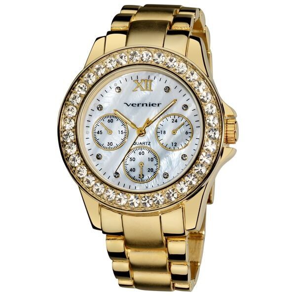 Women's Dazzling Gold Tone Boyfriend Mother Of Pearl Faux-chrono Bracelet Watch - Vernier Watches
