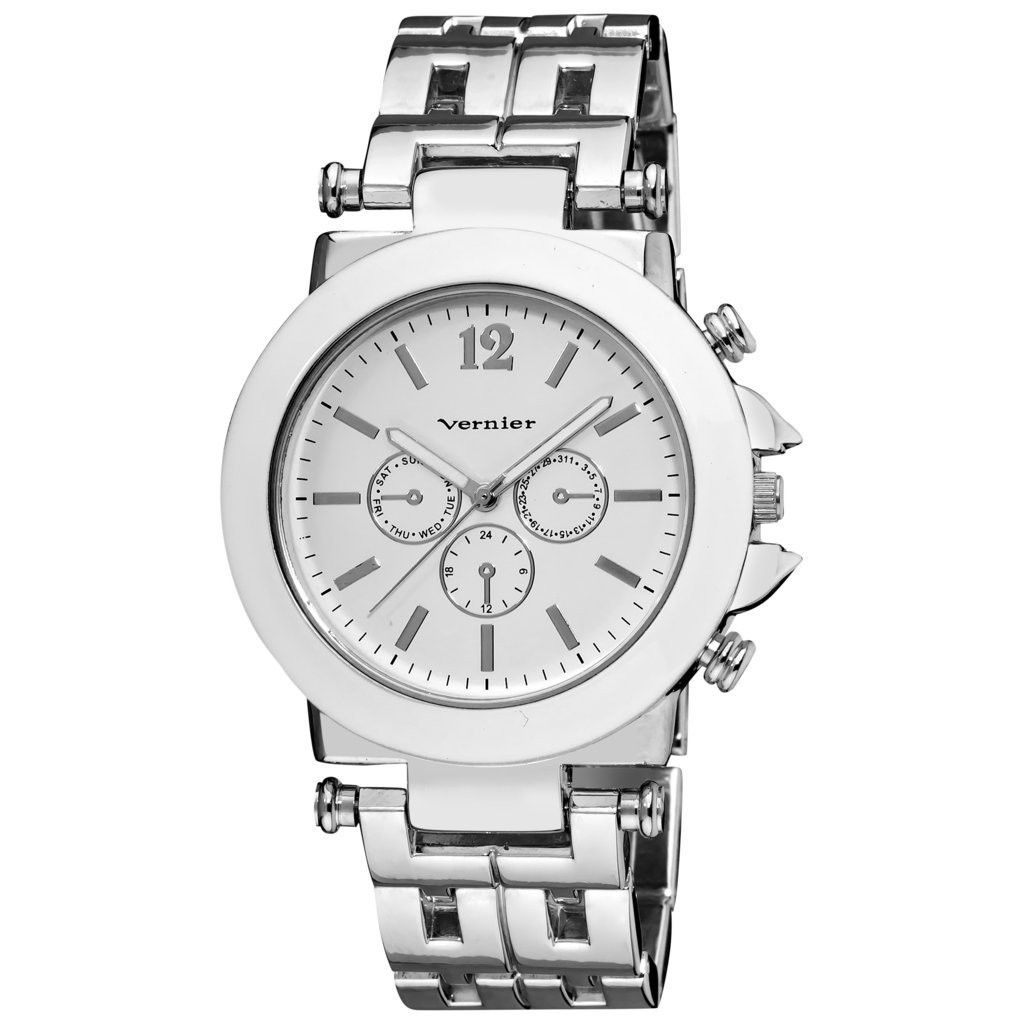 Vernier Women's Silver-tone Faux Crono Patterned Link Bracelet Enamel White Bezel Quartz Watch - Vernier Watches