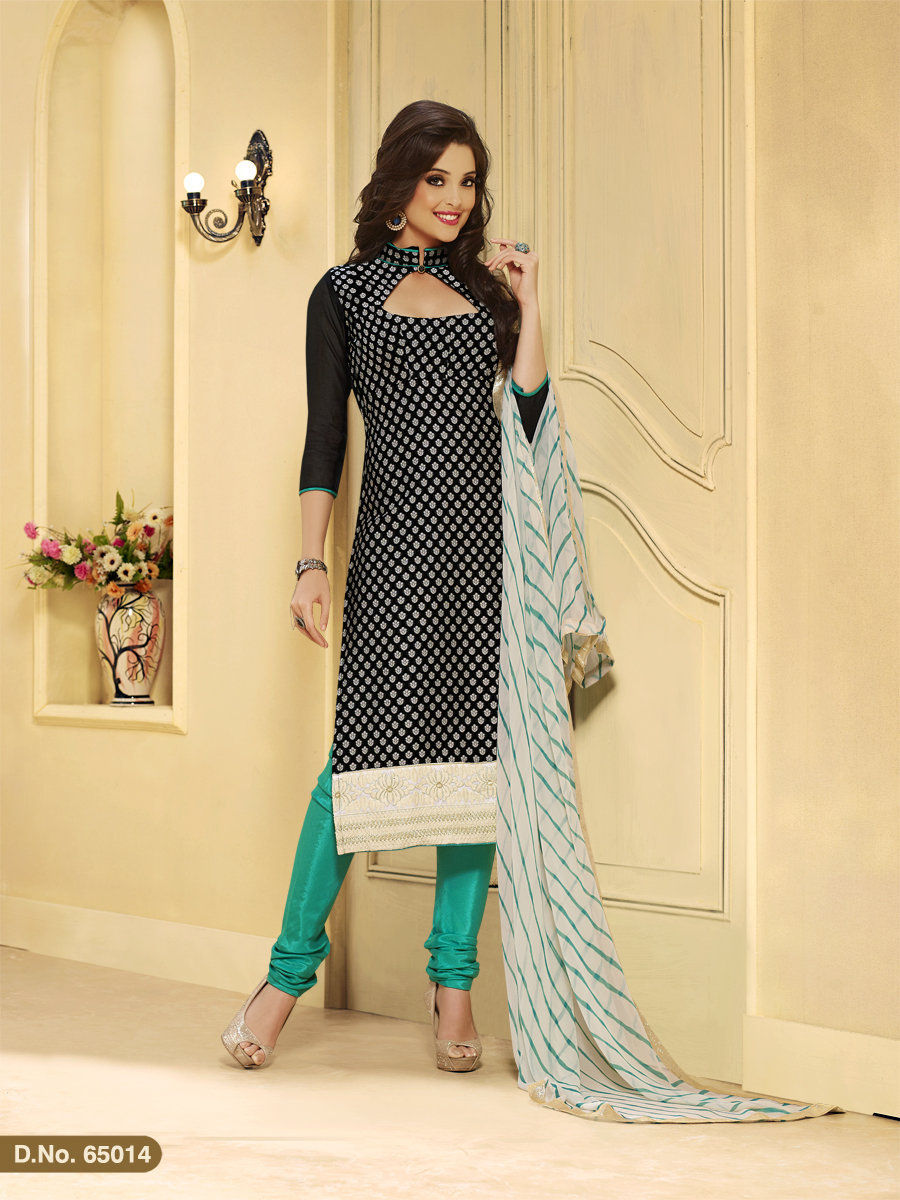 Touch Trends Black Chanderi Silk Dress Material - Touch Trends Ethnic