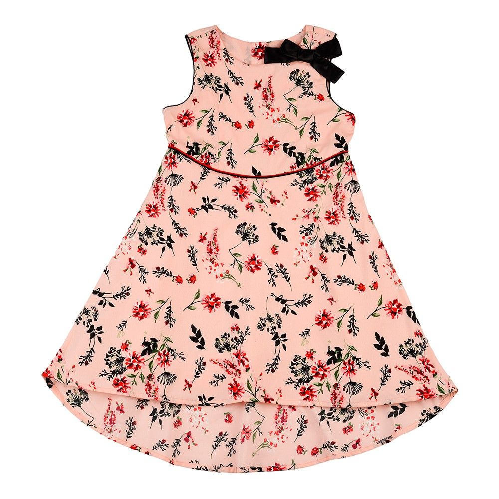 A-line Floral Printed Dress With Mullet Hem,contast Piping And Stylized Bow - Nauti Nati