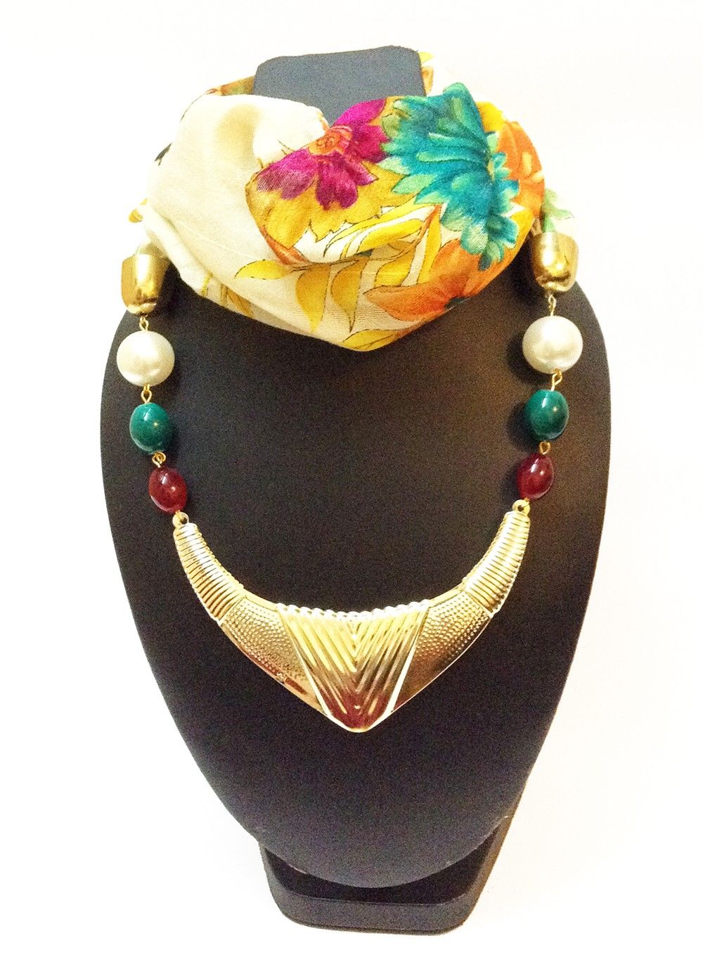 Raw Silk Off White Butterfly And Floral Print Necklace Scarf - Lime