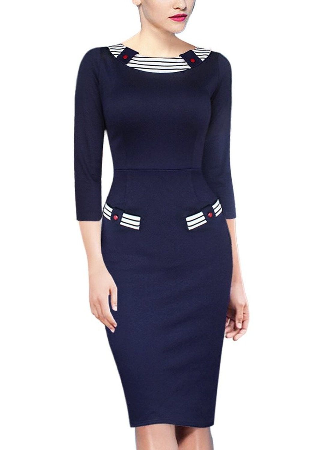 Elegant Vintage Contrast Button Party Wear To Work Pencil Dress - White - VfEmage
