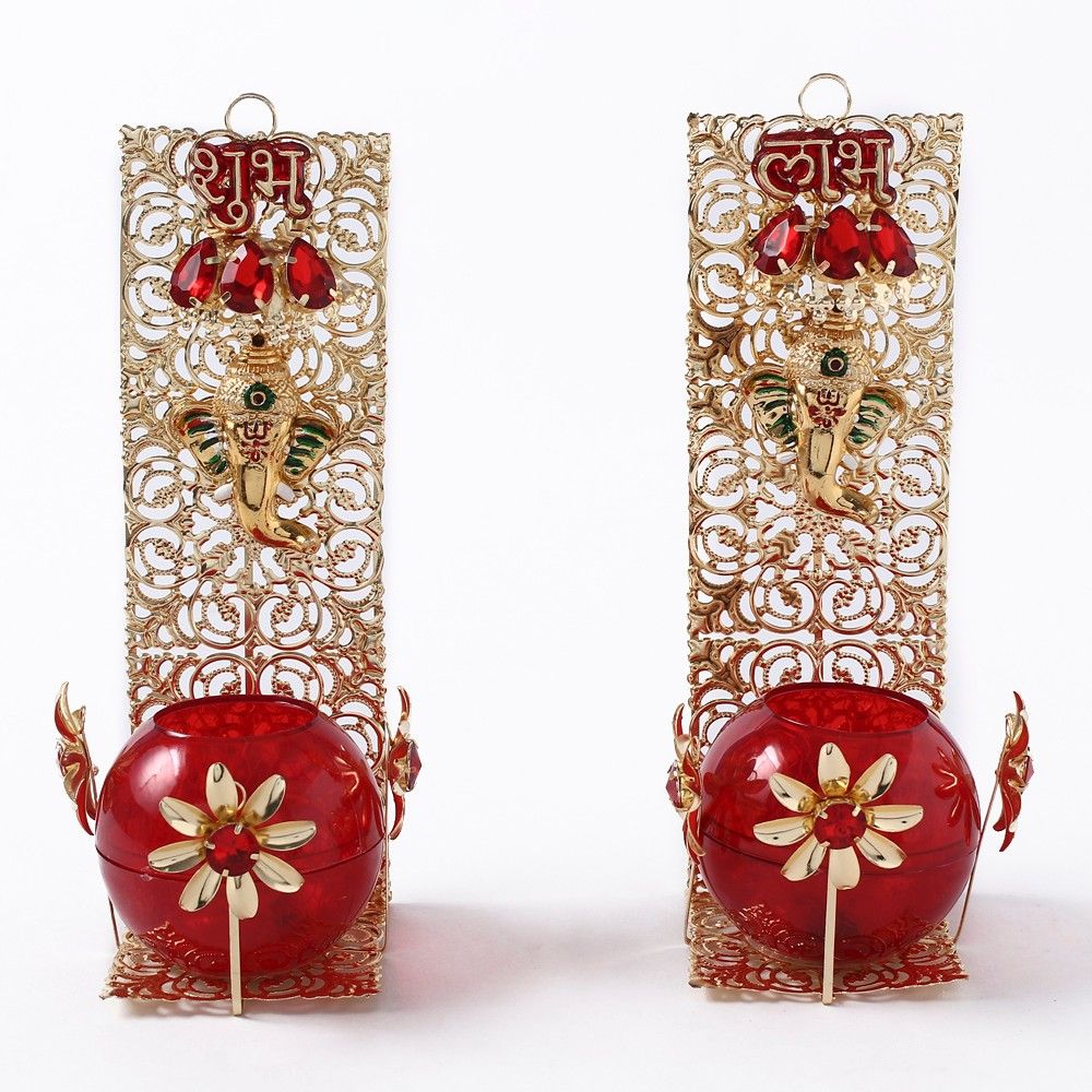 Set Of 2 Wall Hanging Of Lord Ganesha With Battery Operated Red Lamps - Sugar Candy