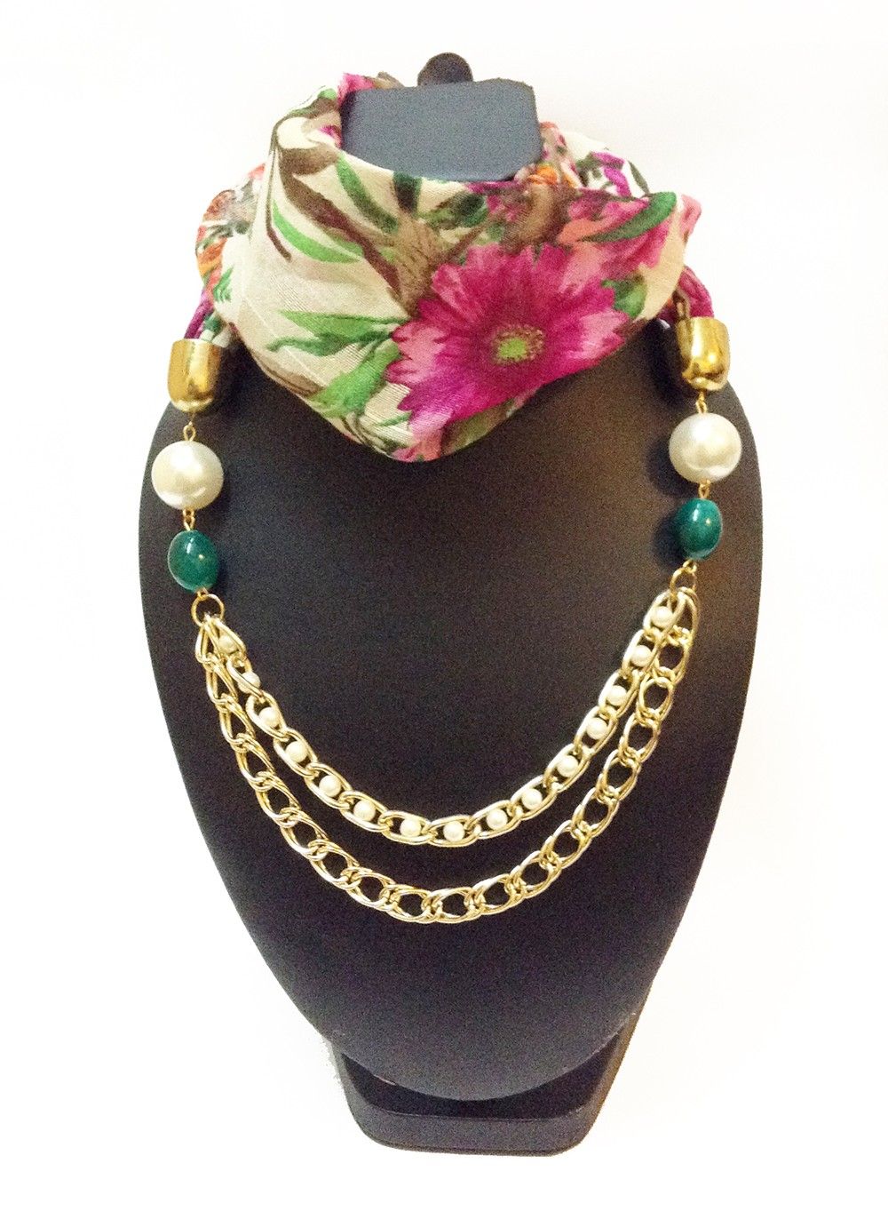Raw Silk Cream Floral Printed Necklace Scarf - Lime