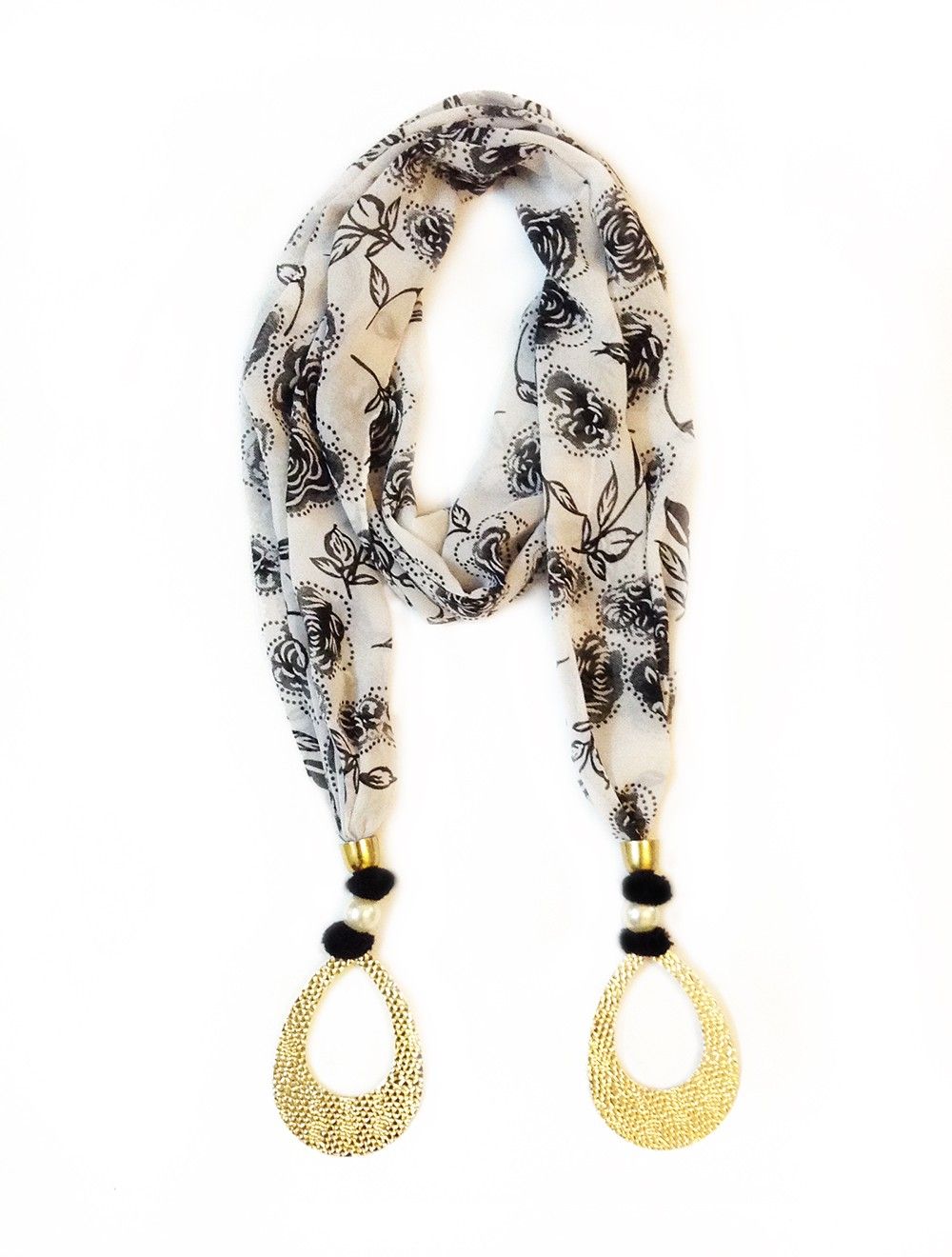 Georgette Black And White Floral Printed Jewelled Scarf - Lime