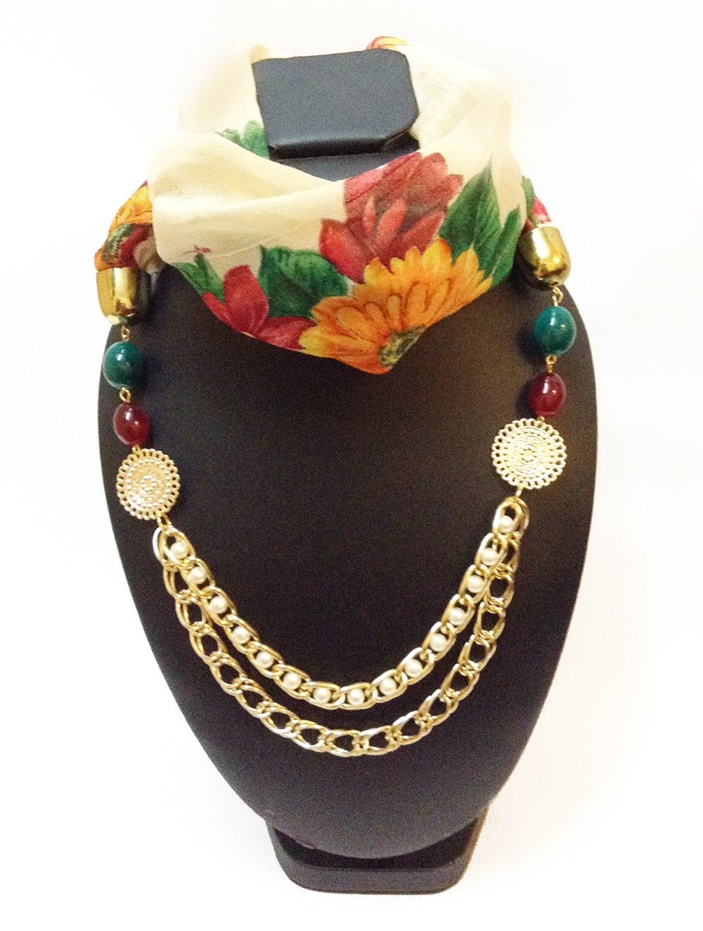 Raw Silk Off-white Butterfly And Red Floral Print Necklace Scarf - Lime
