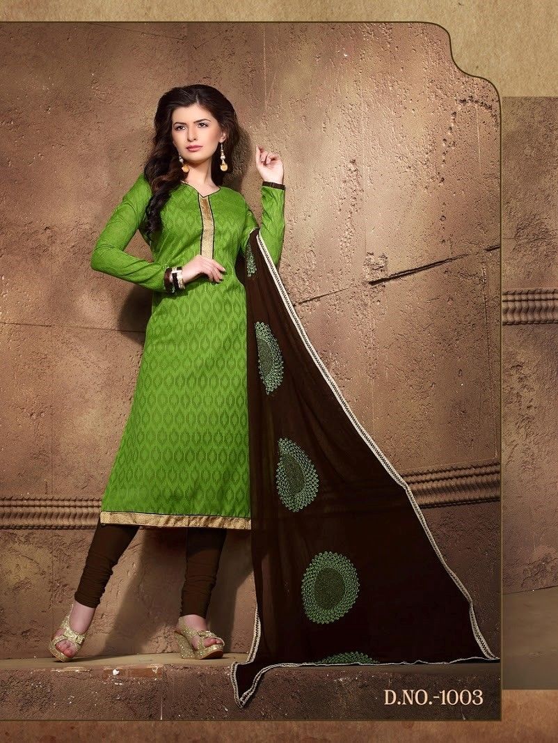 Green And Brown Cotton Dress Material - Fashion Fiesta