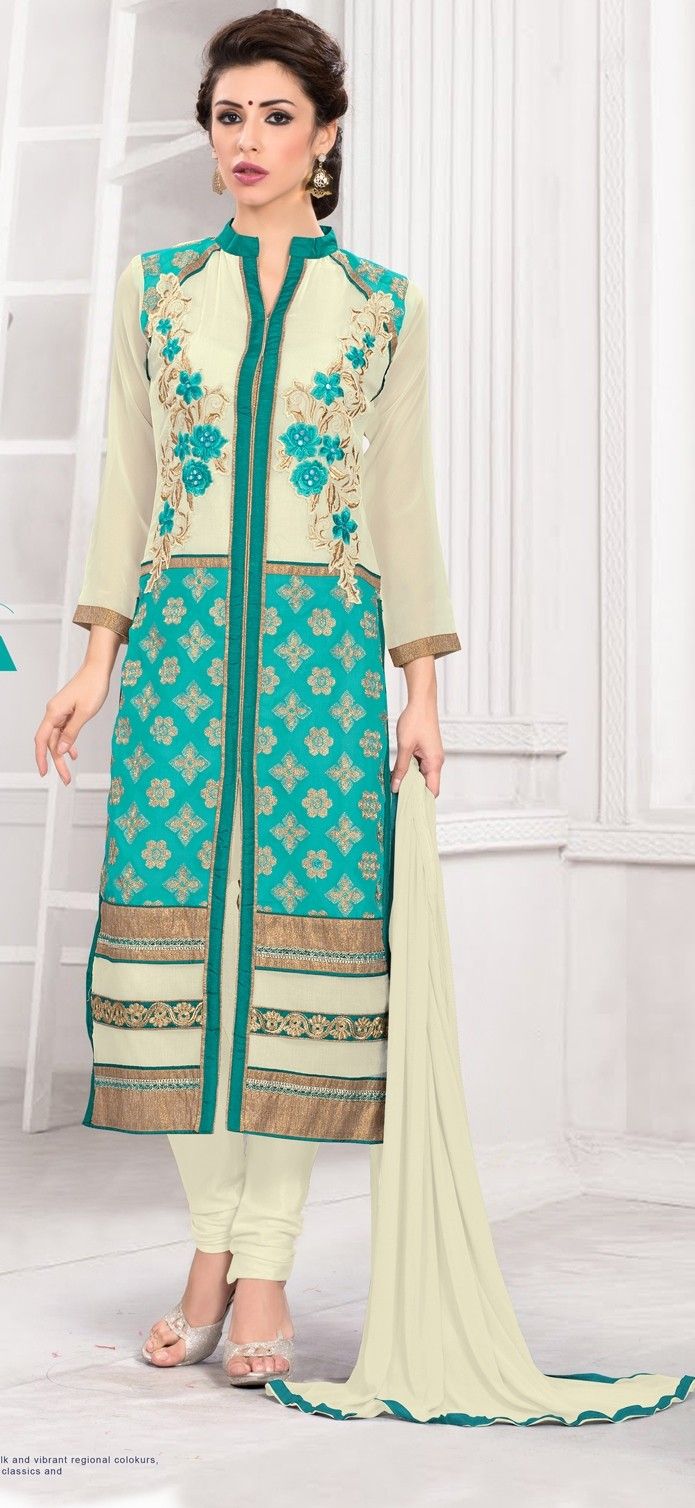 Off White And Blue Georgette Churidar Semi Stitched Suit - Fashion Fiesta