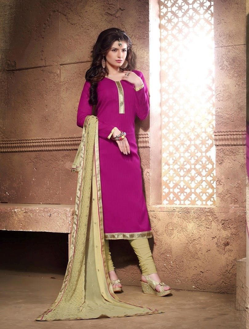 Pink And Golden Cotton Dress Material - Fashion Fiesta