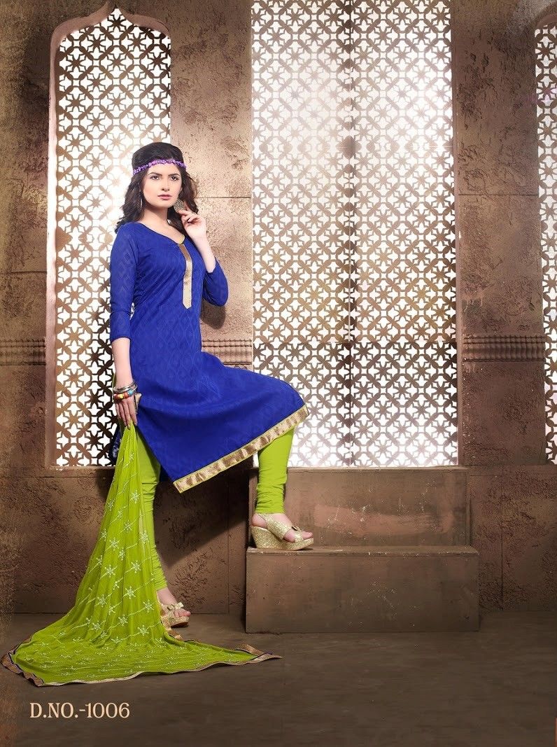 Blue And Green Cotton Dress Material - Fashion Fiesta
