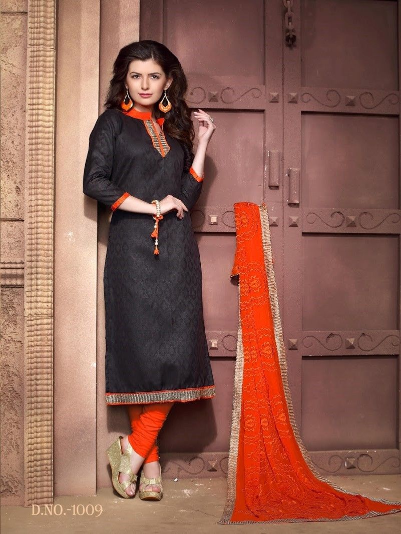 Black And Orange Cotton Dress Material - Fashion Fiesta