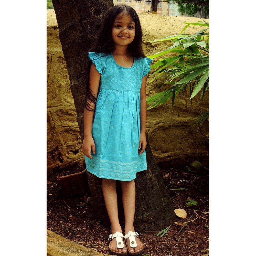 Girls Gamcha Frock Quilted Yoke With Frill Sleeves Turq - Indigene