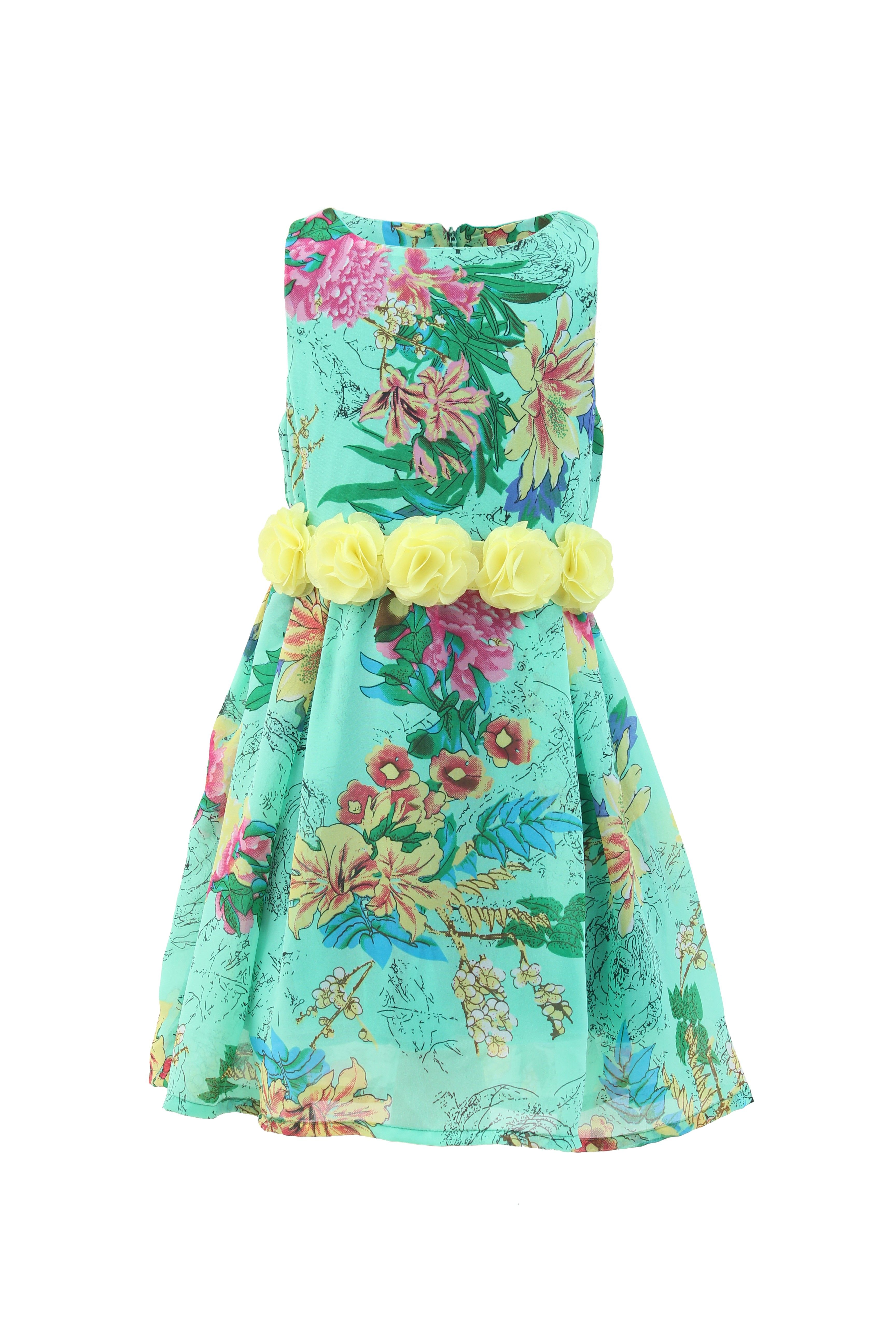 Emerald Green-yellow Georgette Floral Print Dress - Magic Fairy