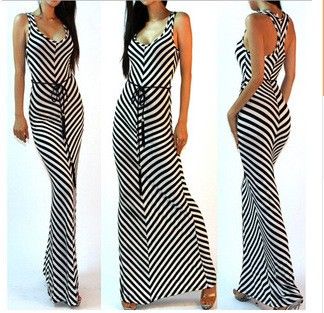 Elegant Black And White Stripes Long Dress - Dell's World