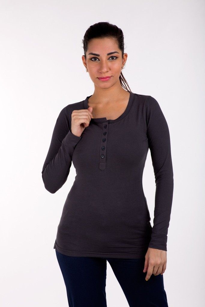 Full Sleeve Tops Solid Cotton Lycra Dark Grey - De Moza