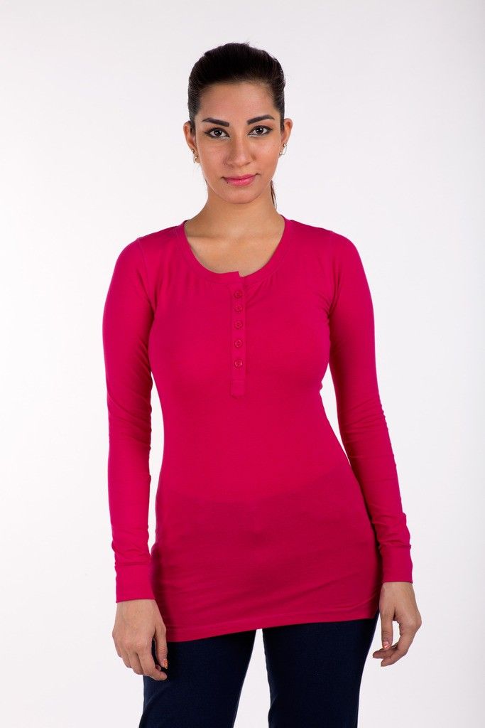 Full Sleeve Tops Solid Cotton Lycra Fuchsia - De Moza