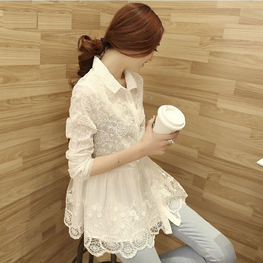 White Long Sleeve High Quality Casual Lace Blouse Female Shirt - STUPA FASHION