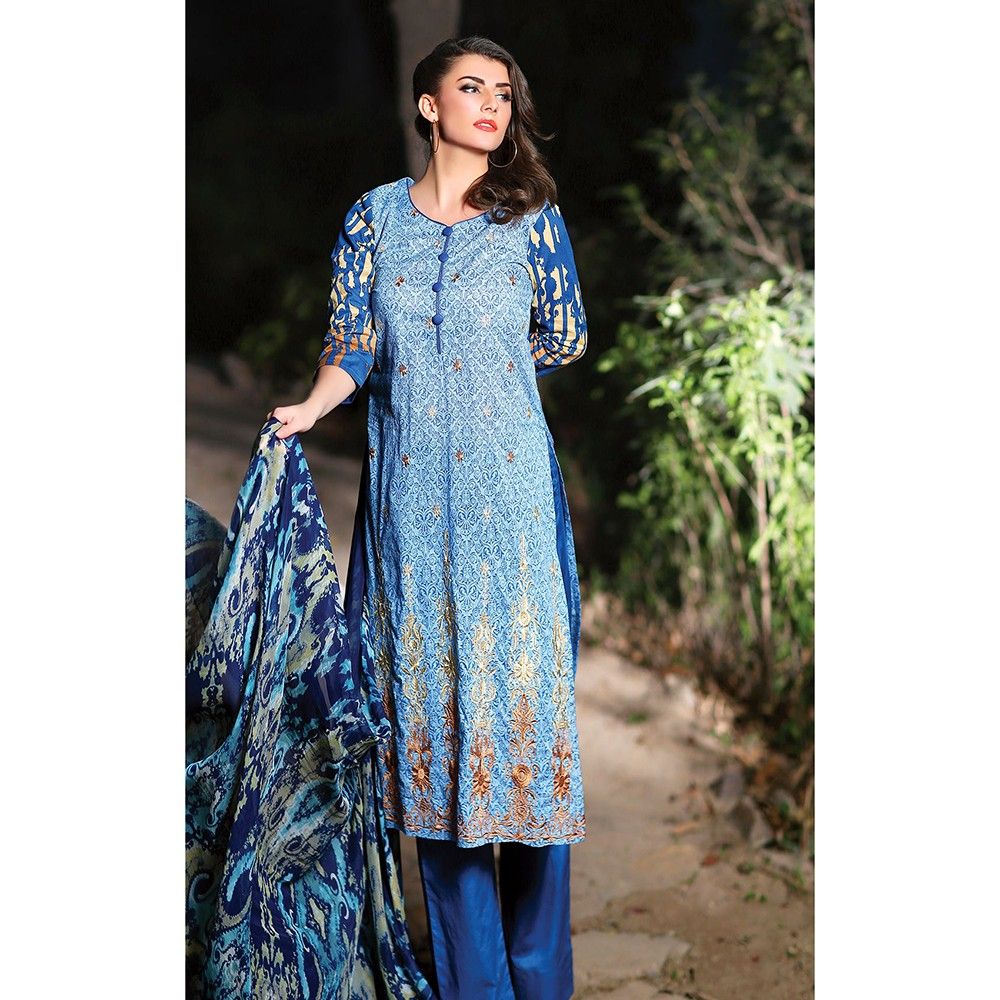 Blue Embroidered Semistiched Summer Dress Material - Mauve Collection