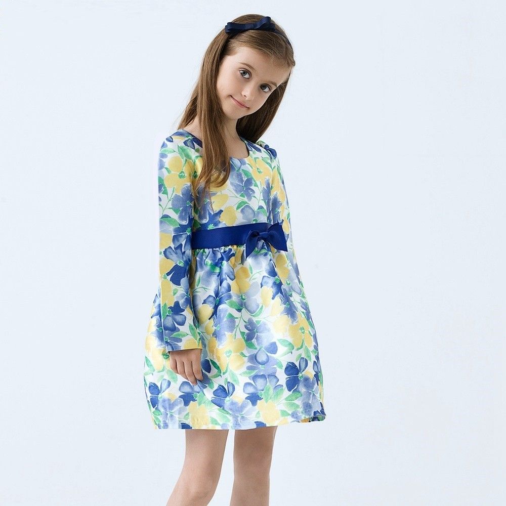 Classy Floral Print Dress With Bow Applique On Waist - Blue - Baby Kids