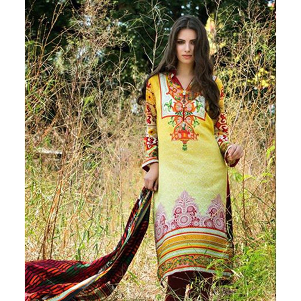 Yellow Maroon Semistitched Dress Material - Mauve Collection