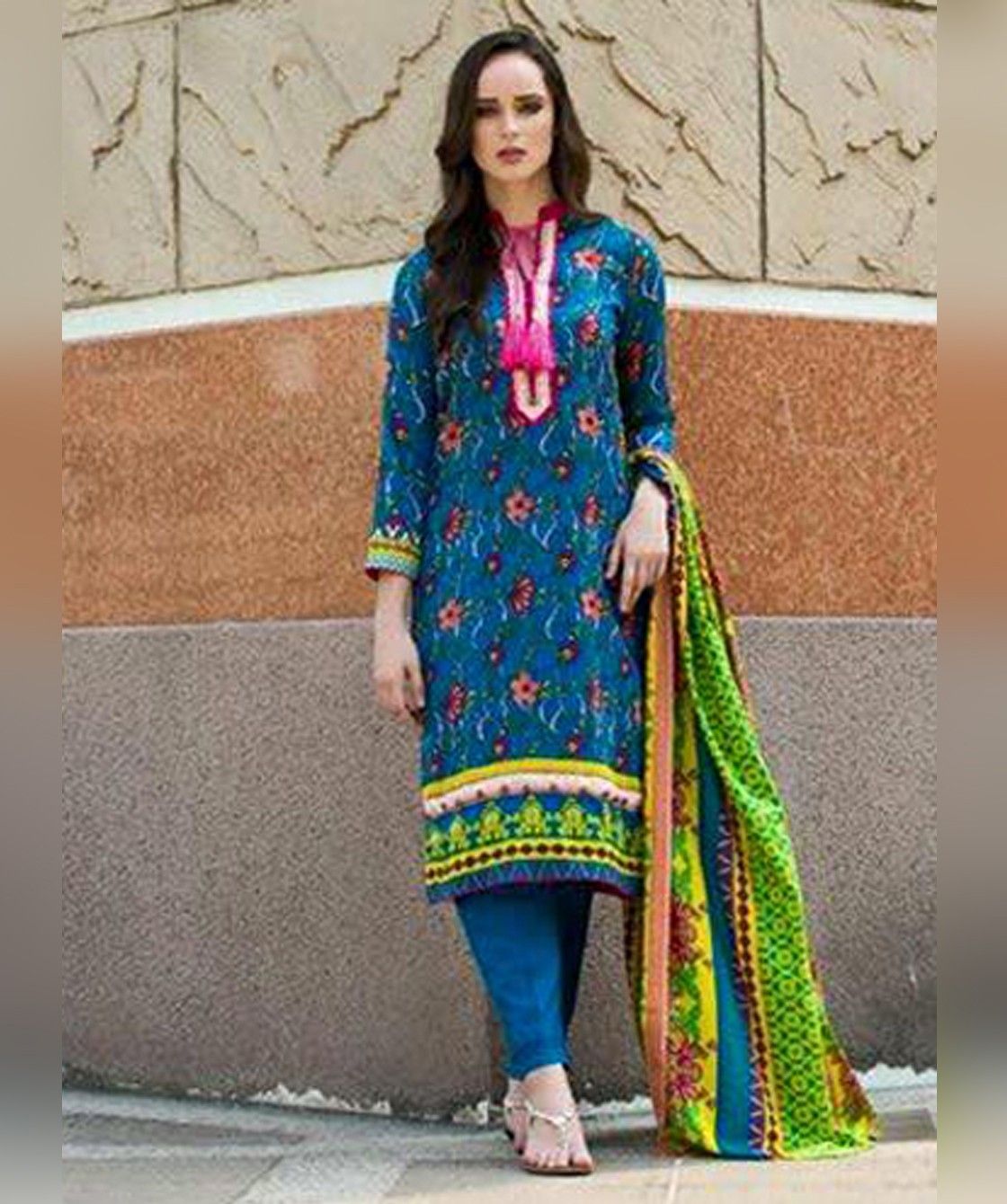 Peacock Green Printed Semistiched Dress Material - Mauve Collection