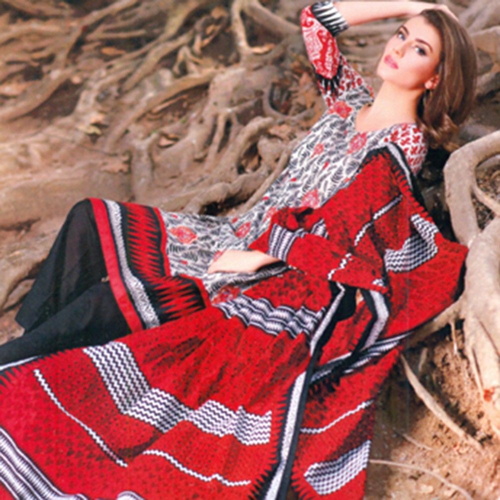Red Embroidered Summer Semistiched Dress Material - Mauve Collection