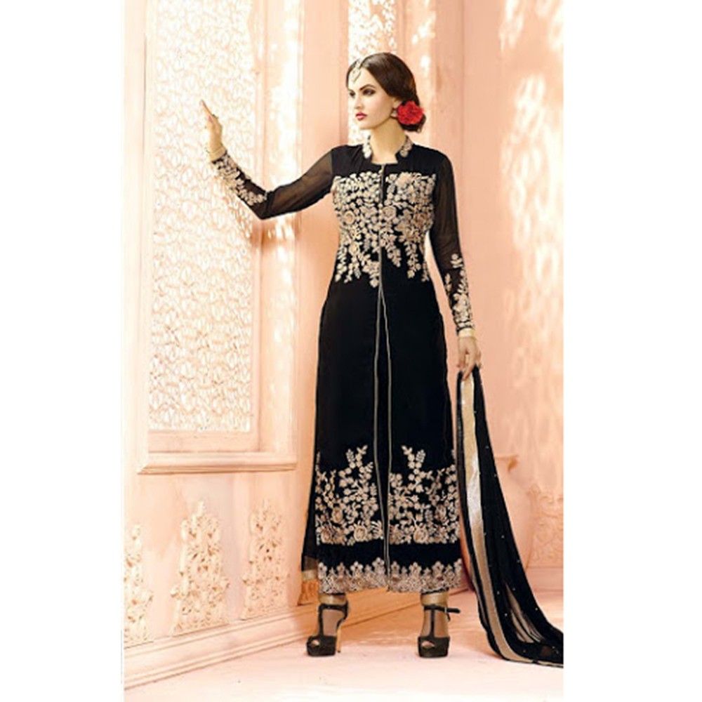 Suit And Skirt Semistitched Dress Material Black - Balloono