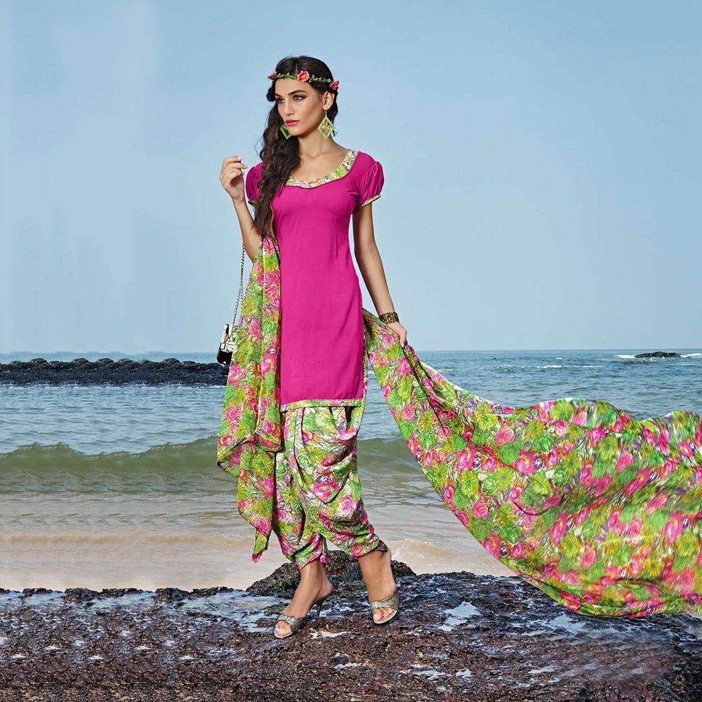 Pink With Multicolor Salwal And Dupatta Dress Material - Balloono