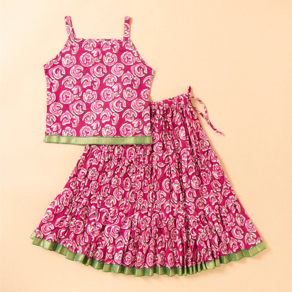 Jaipuri Printed Long Cotton Skirt Set - Pink - BownBee