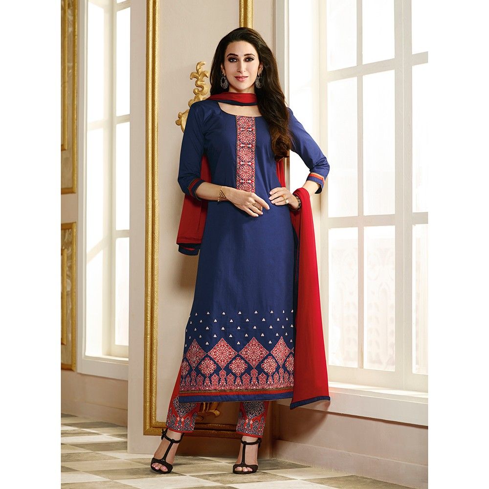 Navy Embroidery Semistitched Dress Material - Fabfella