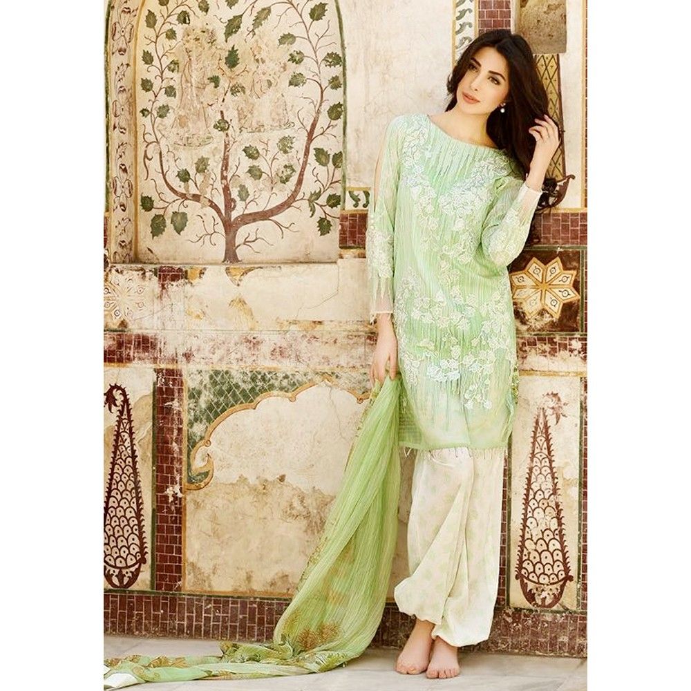 Beautiful Pakistani Style Printed Cotton Dress Material - Lime Green - Afreen