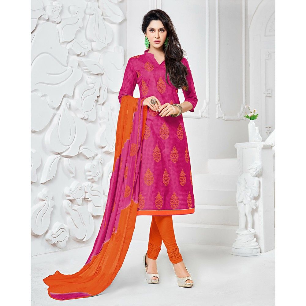 Pink Semistitched Embroidery Dress Material - Fabfella