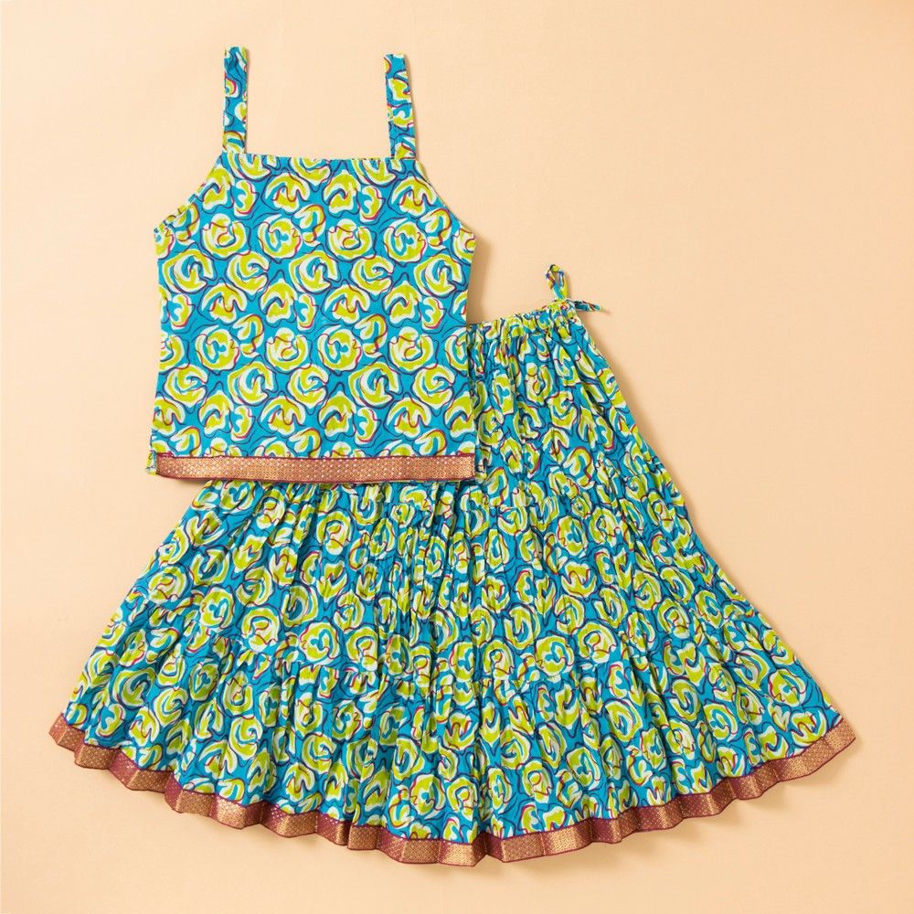 Jaipuri Printed Long Cotton Skirt Set - Green - BownBee
