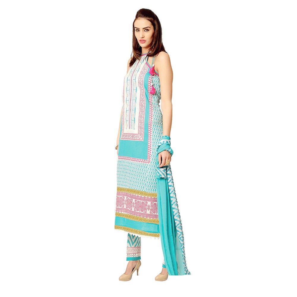 Exclusive Dress Material With All Over Front And Back Multi Design Print With Printed Dupatta Blue - Varanga