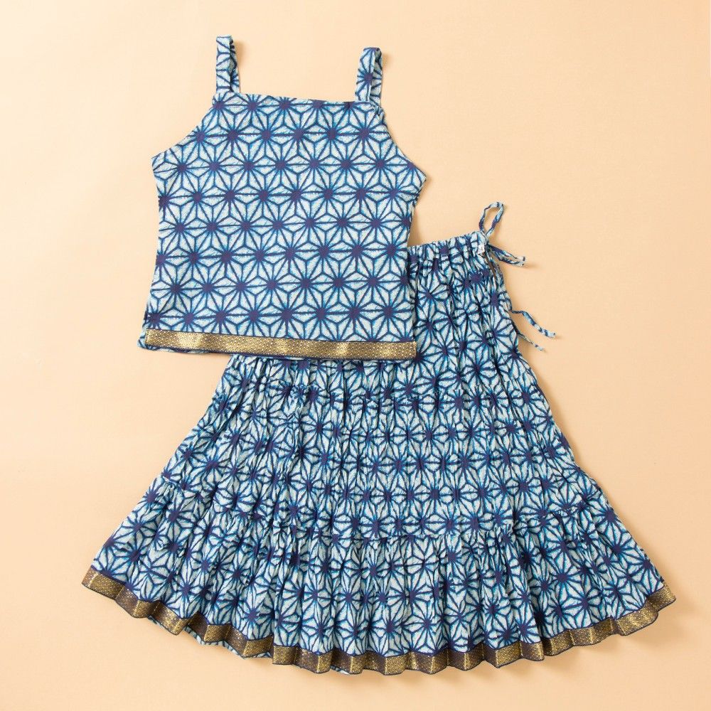Jaipuri Printed Long Cotton Skirt Set - Blue - BownBee