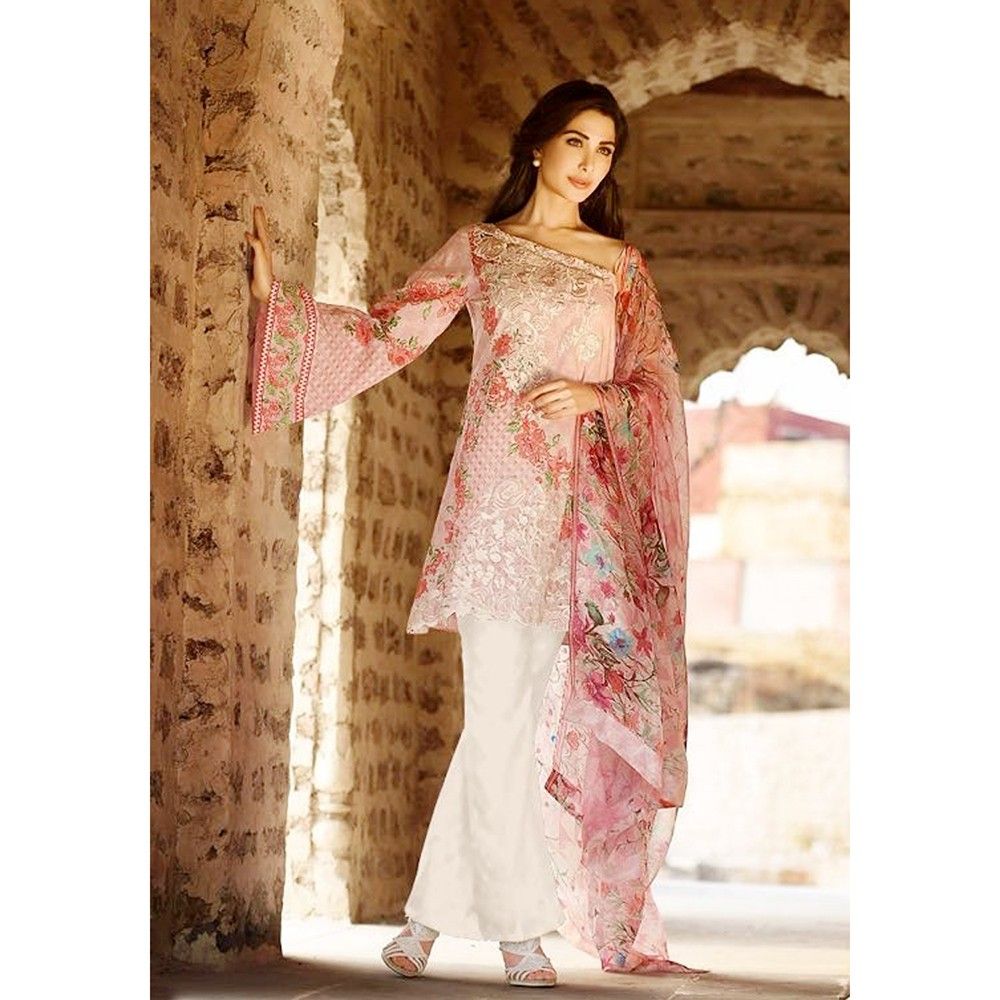 Beautiful Pakistani Style Printed Cotton Dress Material - Lt Pink - Afreen