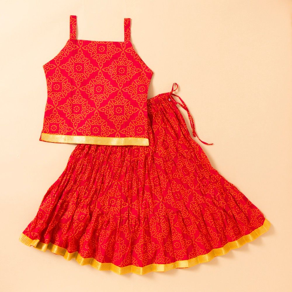 Bandhej Printed Long Cotton Skirt Set - Red - BownBee