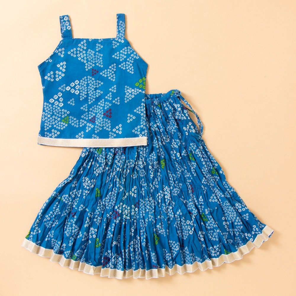 Bandhej Printed Long Cotton Skirt Set - Blue - BownBee