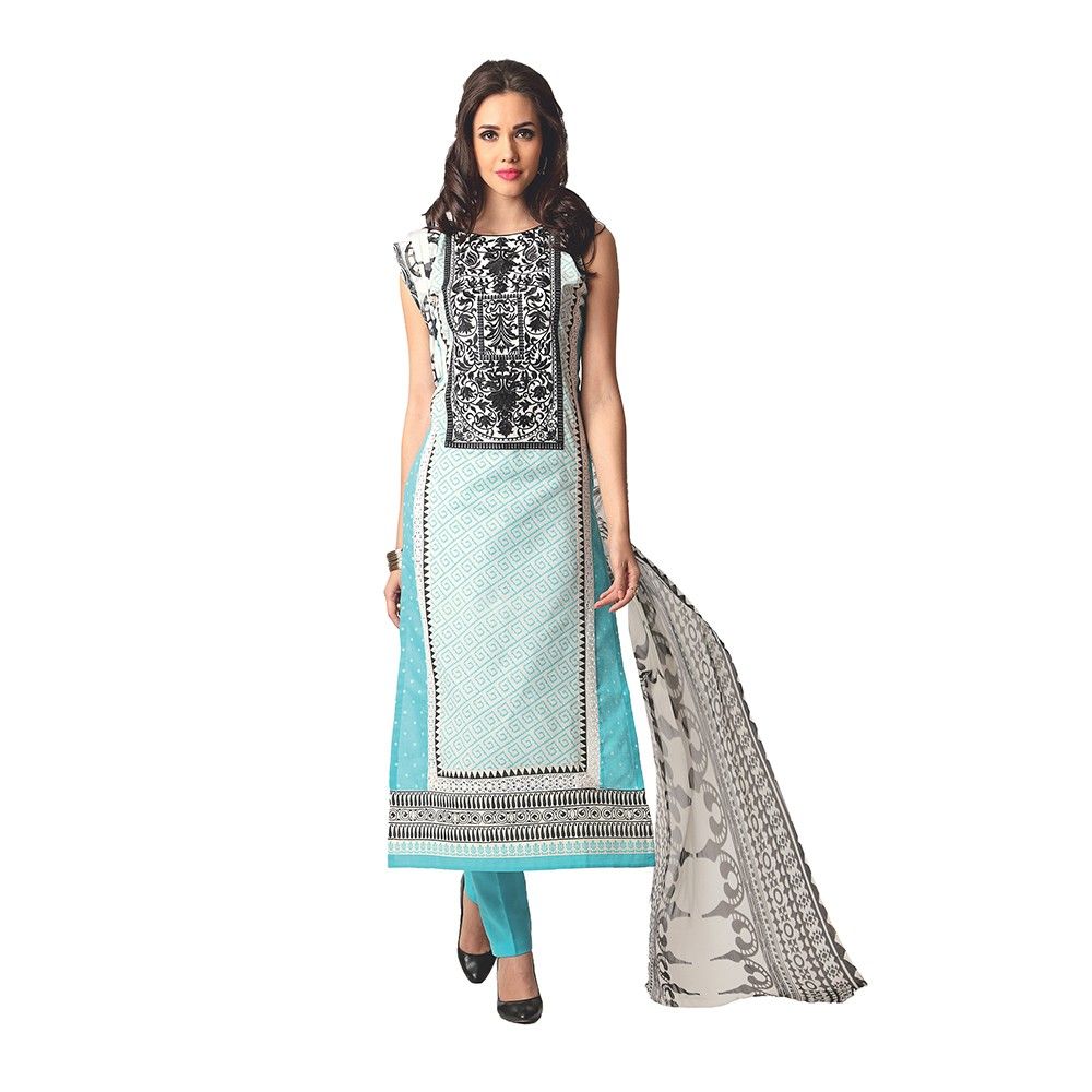 Exclusive Dress Material With All Over Front And Back Multi Design Print With Printed Dupatta-blue - Varanga