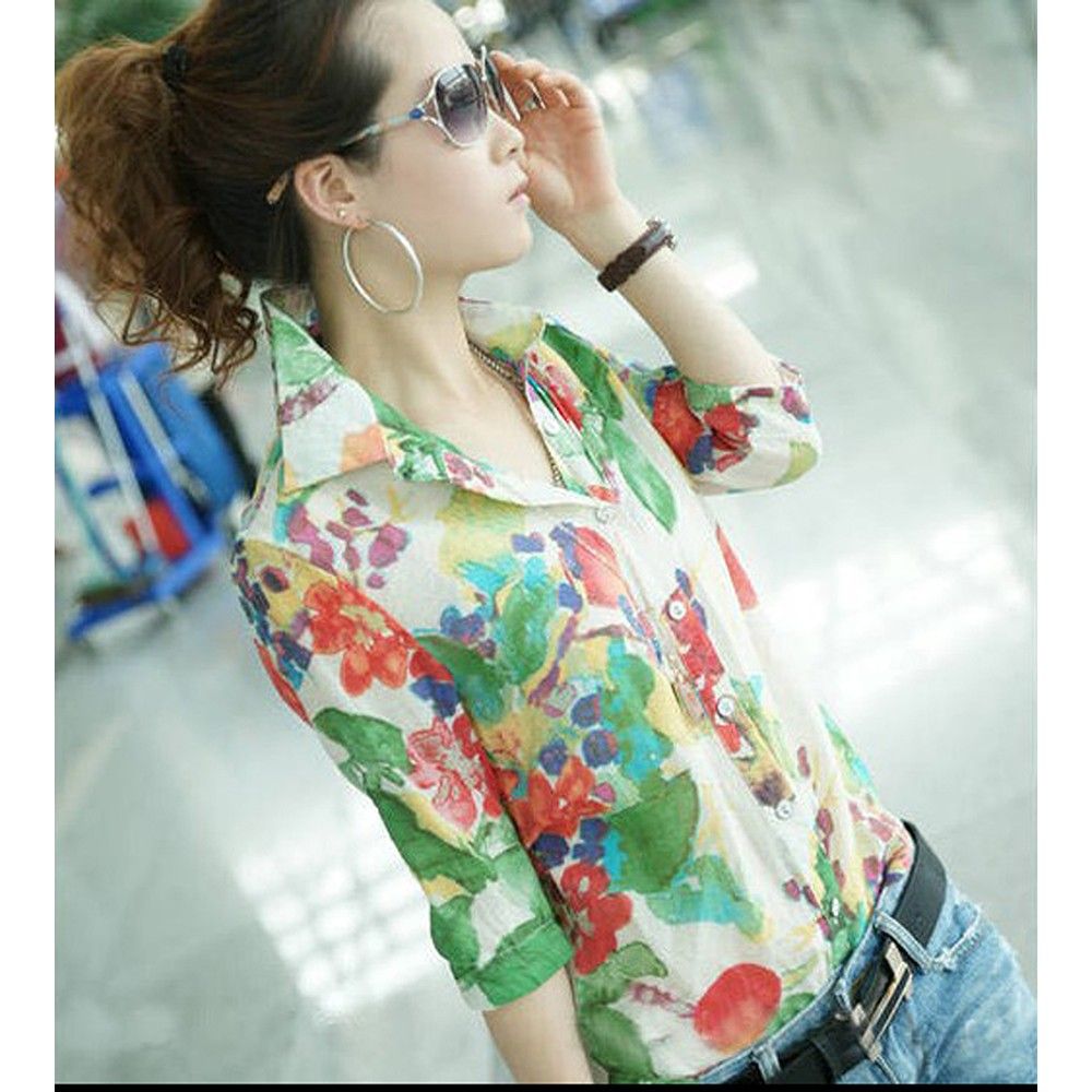 Stylish Retro Flower Pattern Slim Shirt - STUPA FASHION - 336137