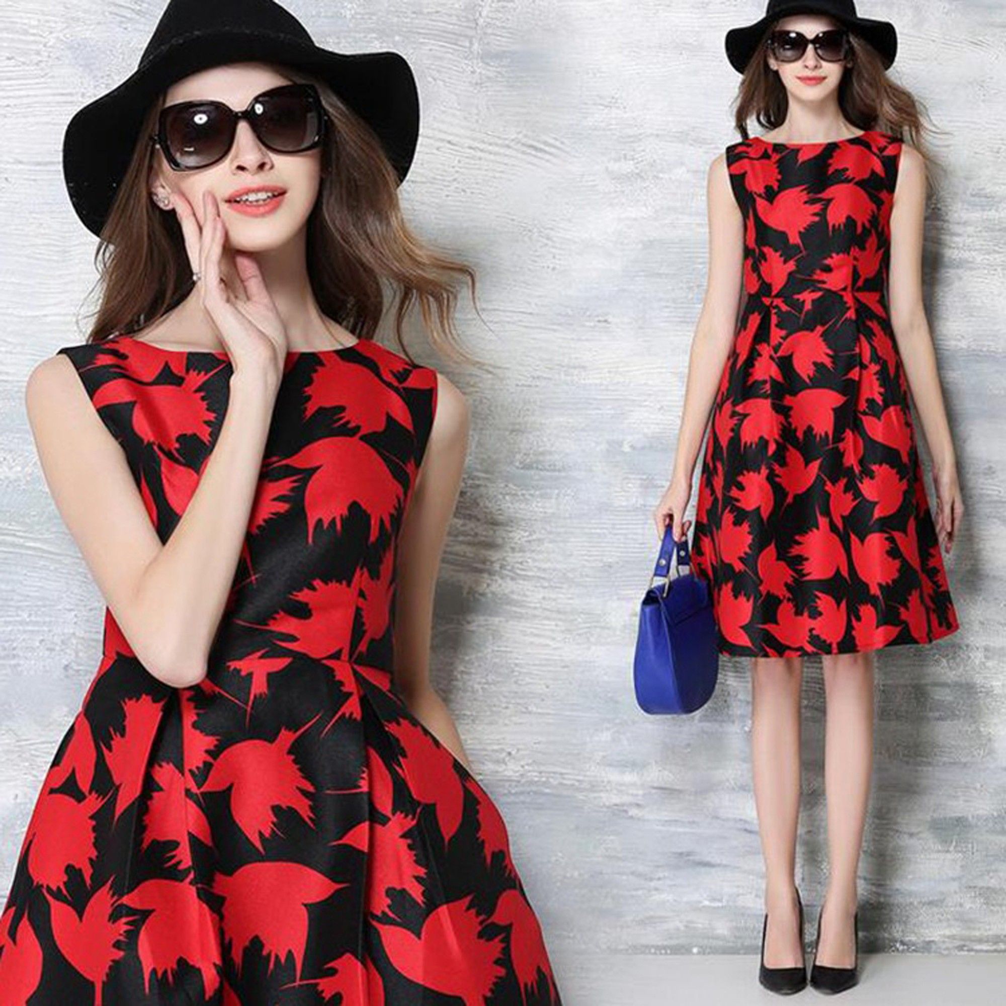 Vintage Casual Print Pleated Slim Dress Women - Red - STUPA FASHION