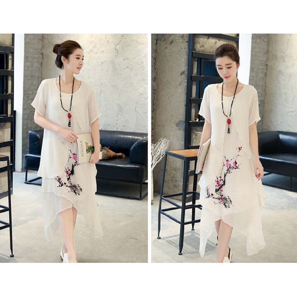 Floral Print Attached White Shrug Dress - Dell's World