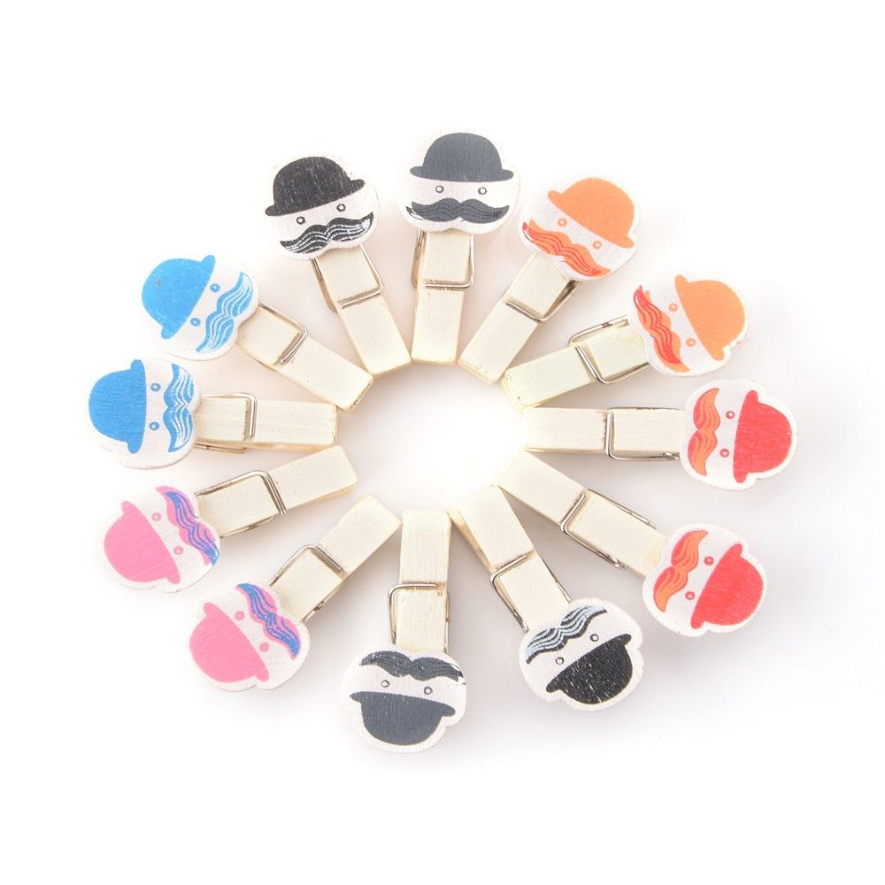 Set Of 12 Hatty Moustache Wooden Clips - Happy Gifts