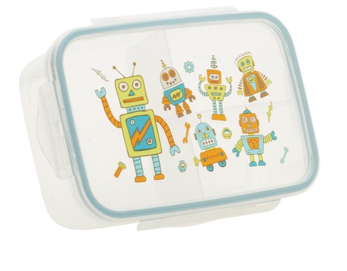 

the retro robot good lunch box is playfully inspired by