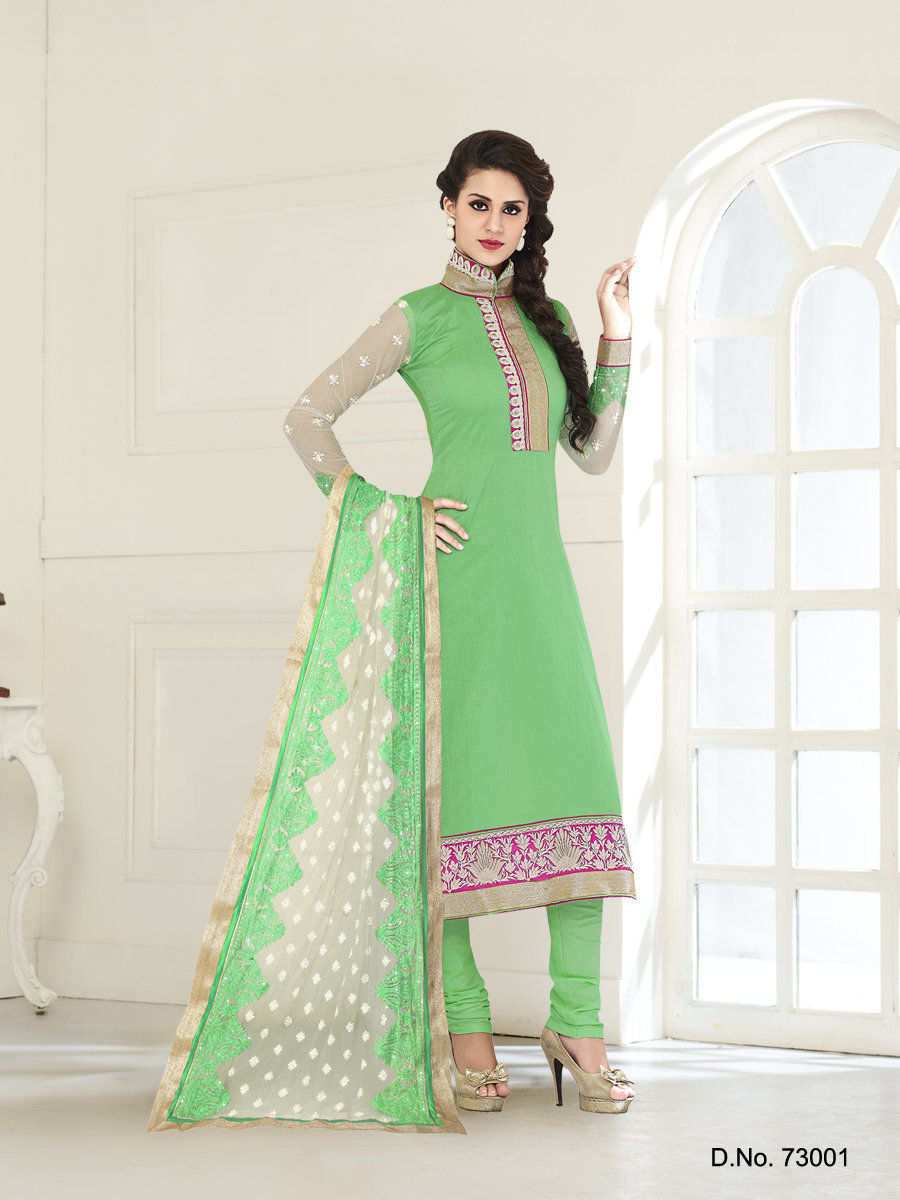 Touch Trends Green Chanderi Silk Dress Material - Touch Trends Ethnic