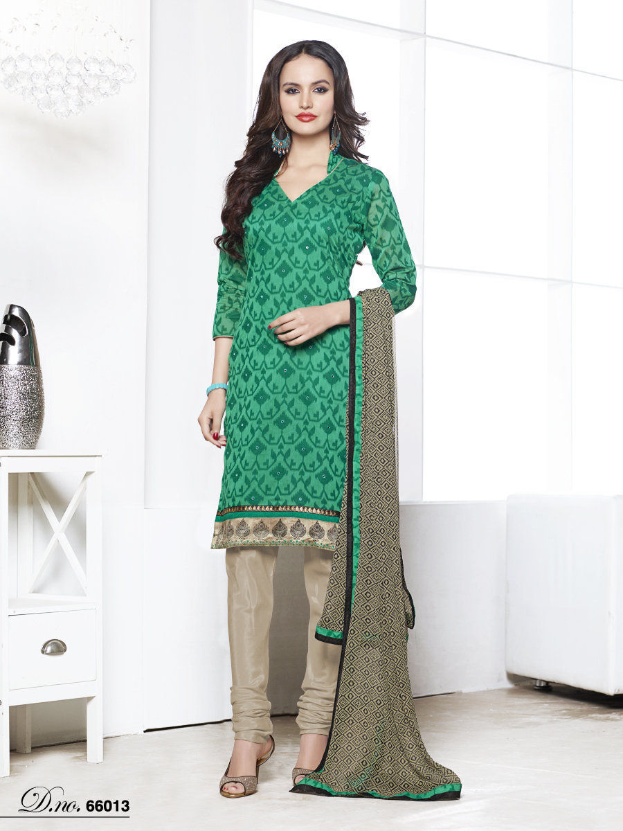 Touch Trends Green Chanderi Jaquard Dress Material - Touch Trends Ethnic