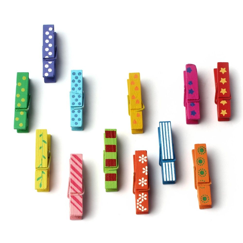 Colourful Wooden Paper Clips - Set Of 12 Clips - Diya