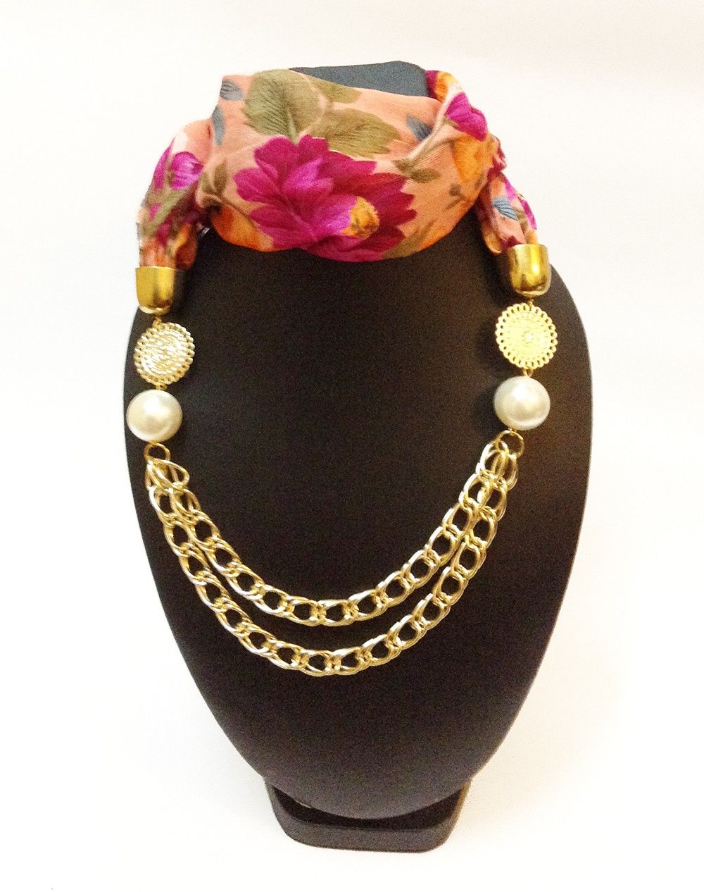 Raw Silk Peach Floral Print Necklace Scarf - Lime