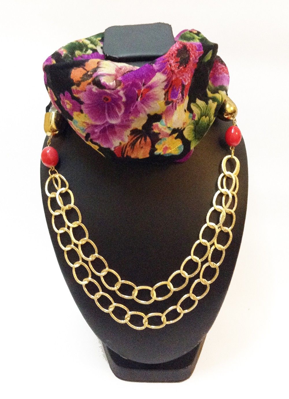 Raw Silk Black Floral Printed Necklace Scarf - Lime